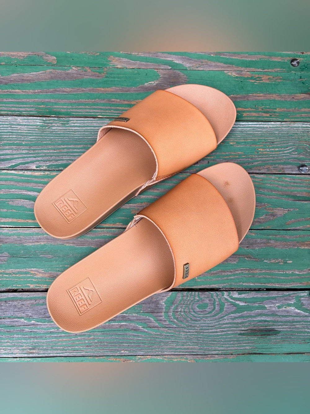 Reef Cushion Scout Saddle Natural Sandals Womens 9 Brown Vegan Leather Slides